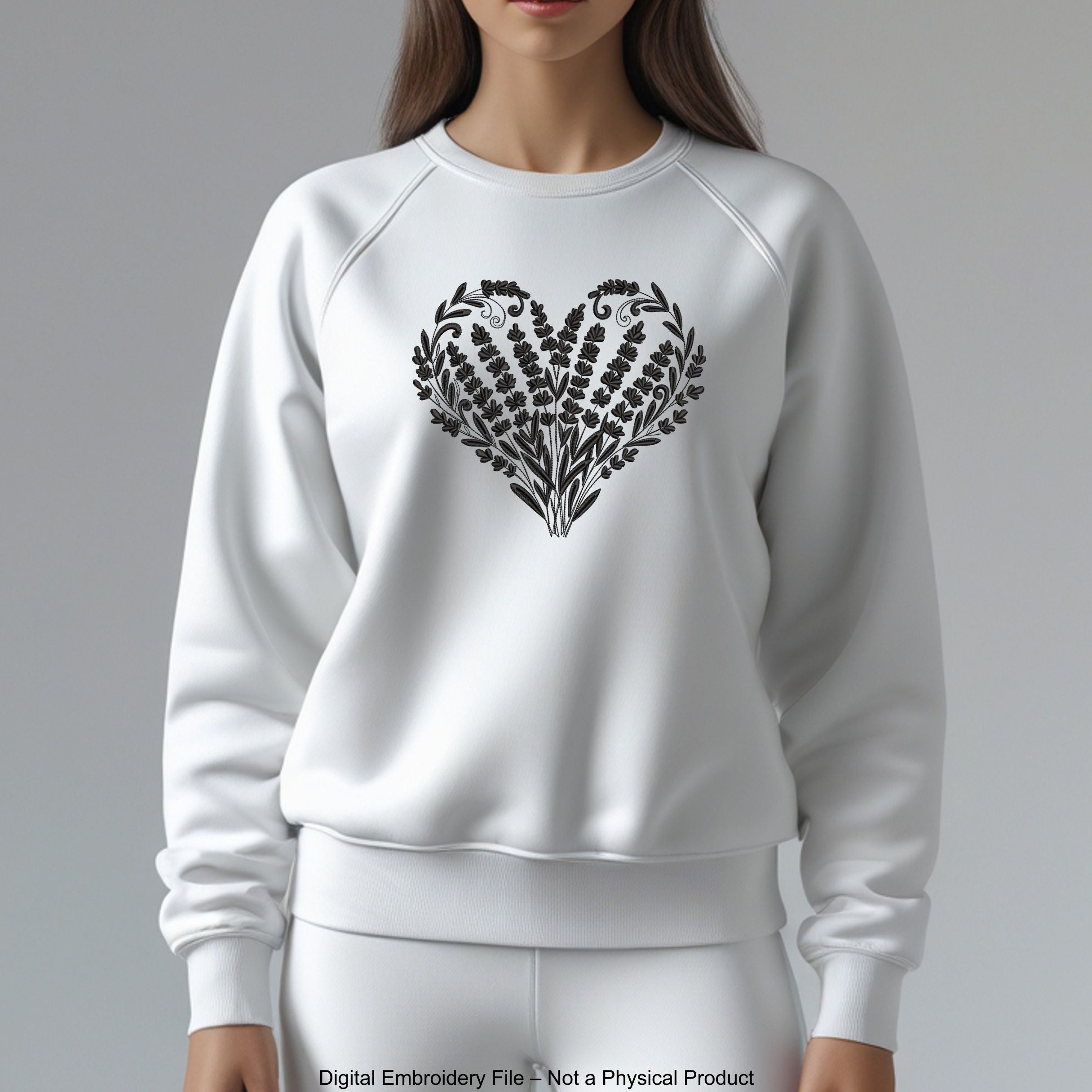 Botanical heart Lavender machine embroidery design in one color with delicate floral fill, romantic embroidery artwork.