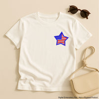 Machine embroidery design of a star filled with the USA flag, perfect for patriotic decorations and patches.