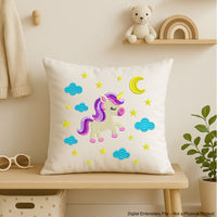 Cute unicorn embroidery design surrounded by stars, moon, and clouds – perfect for baby girl clothes, pillows, or nursery decor.