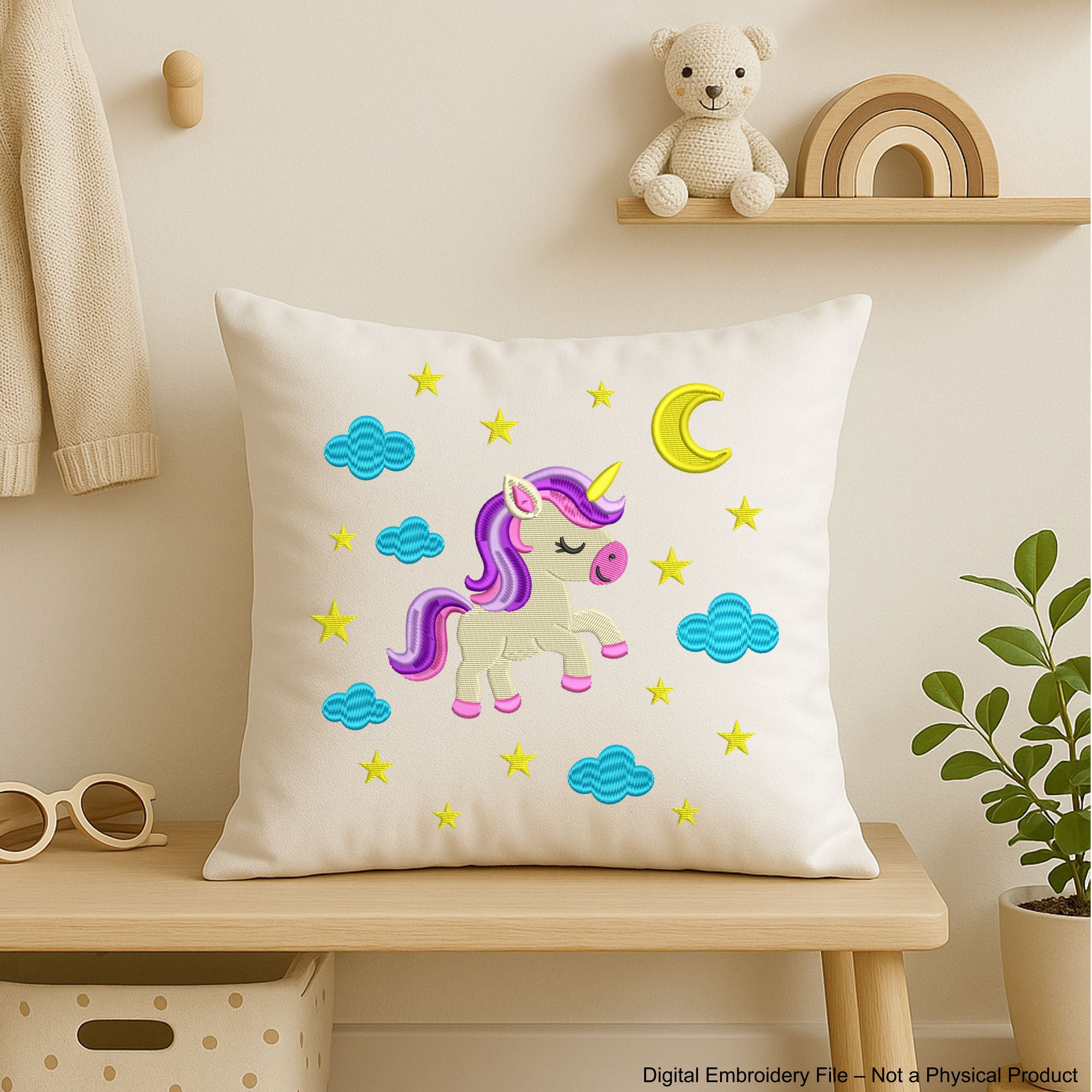 Cute unicorn embroidery design surrounded by stars, moon, and clouds – perfect for baby girl clothes, pillows, or nursery decor.