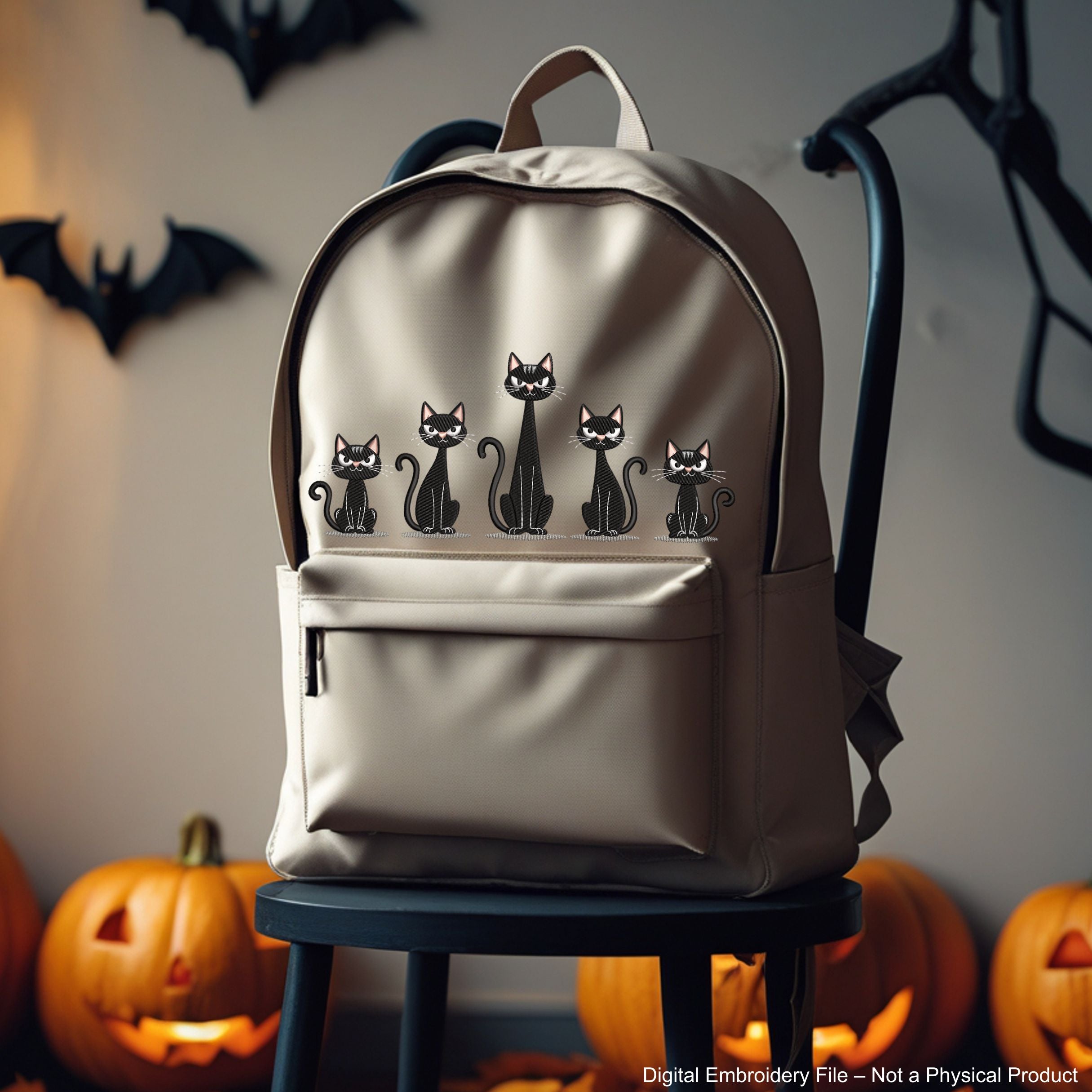 Five black cats sitting in a row Halloween machine embroidery design for T-shirts, bags, and pillows.