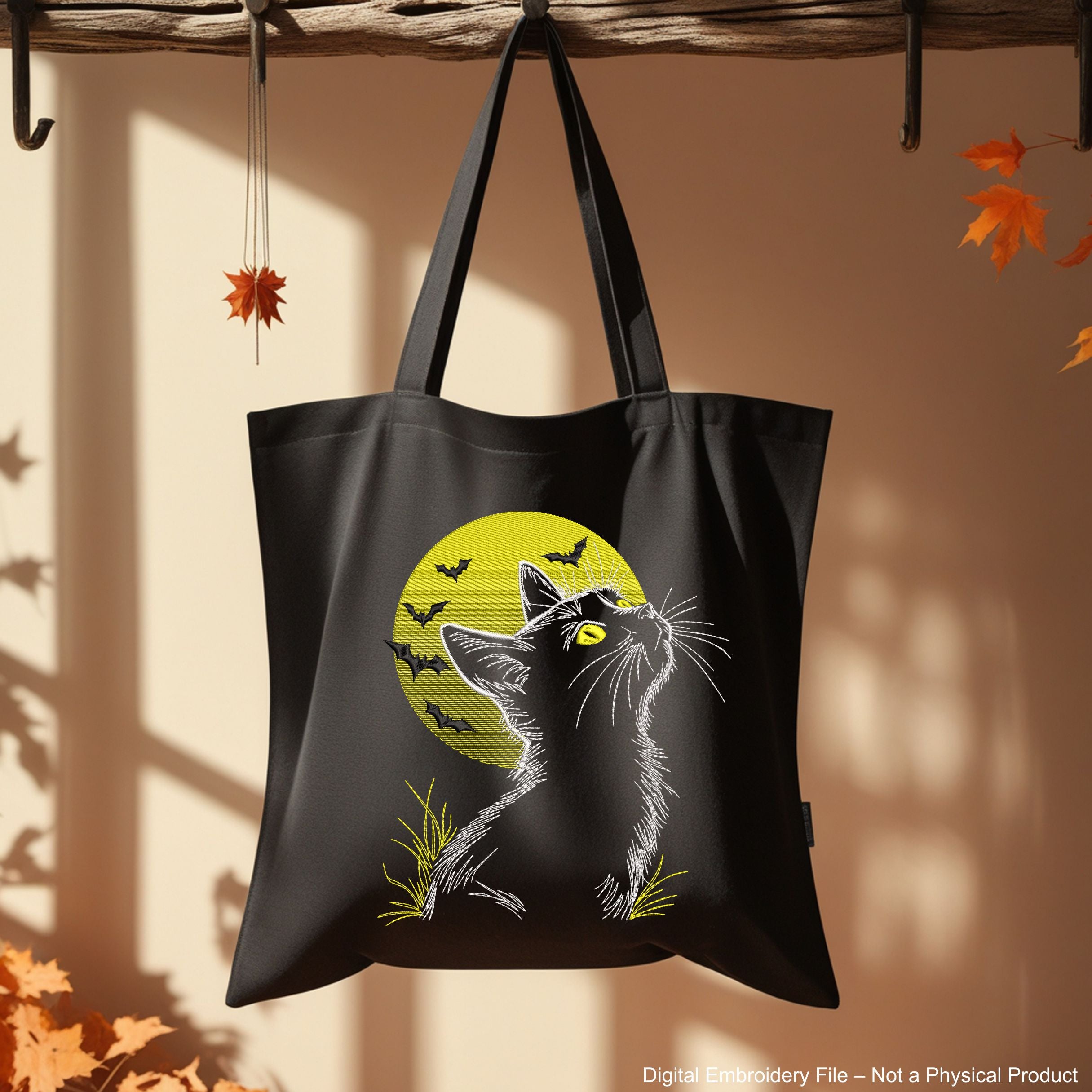 Spooky Halloween embroidery design with cat silhouette, moon, and bats – perfect for stitching on dark fabric.