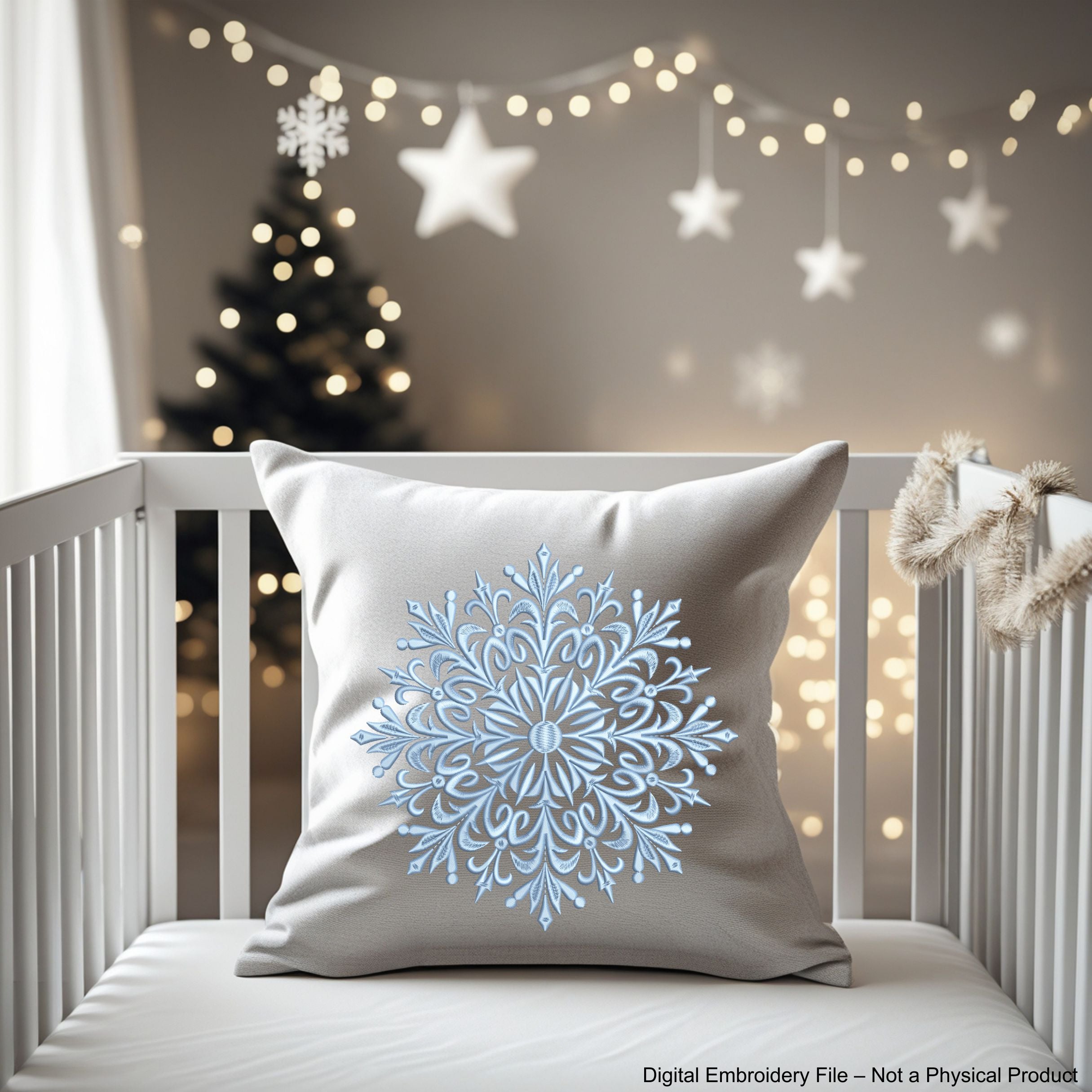 Detailed snowflake embroidery design – elegant one-color machine embroidery file for winter and holiday projects.
