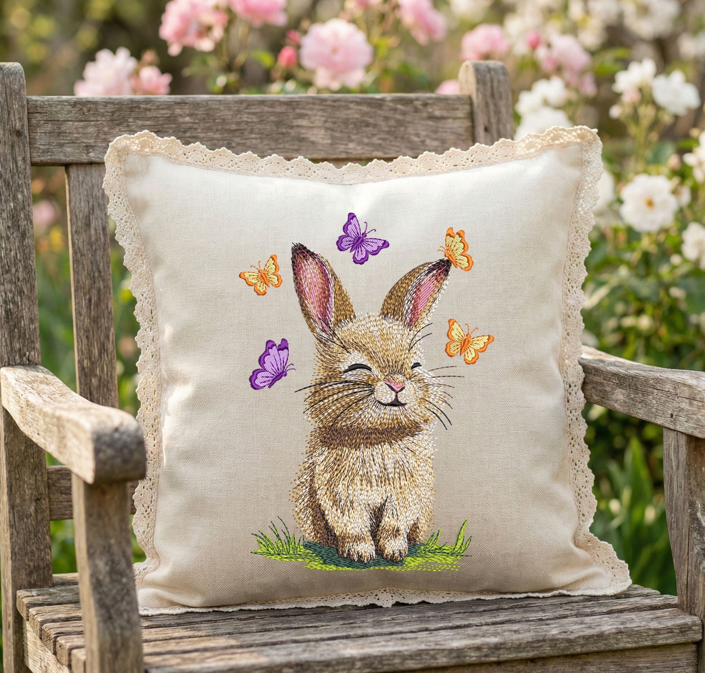 Cute bunny machine embroidery design with butterflies, spring animal embroidery pattern for children projects
