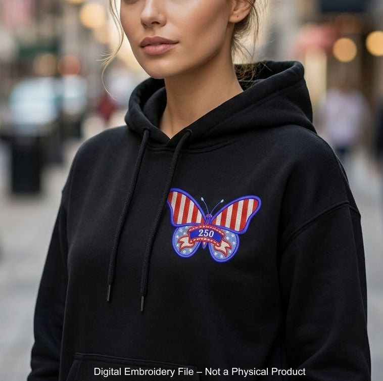 Patriotic butterfly machine embroidery designs in red white and blue with stars stripes and 250 celebration theme.