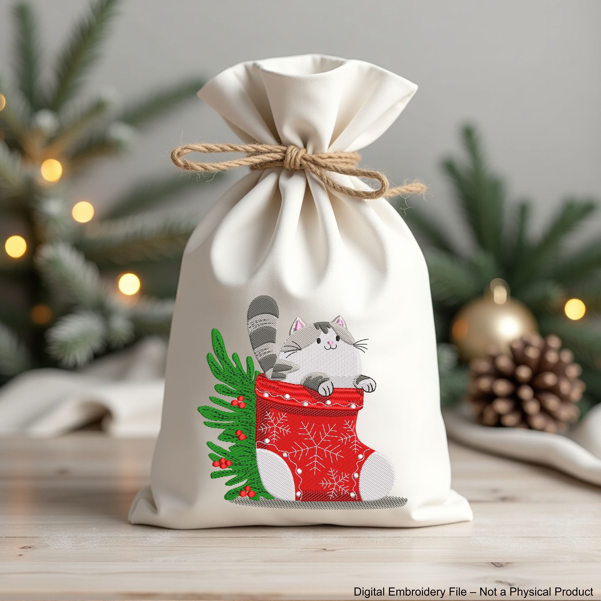 Festive Christmas embroidery design with a cute cat in a holiday stocking – digital file for machine embroidery projects.