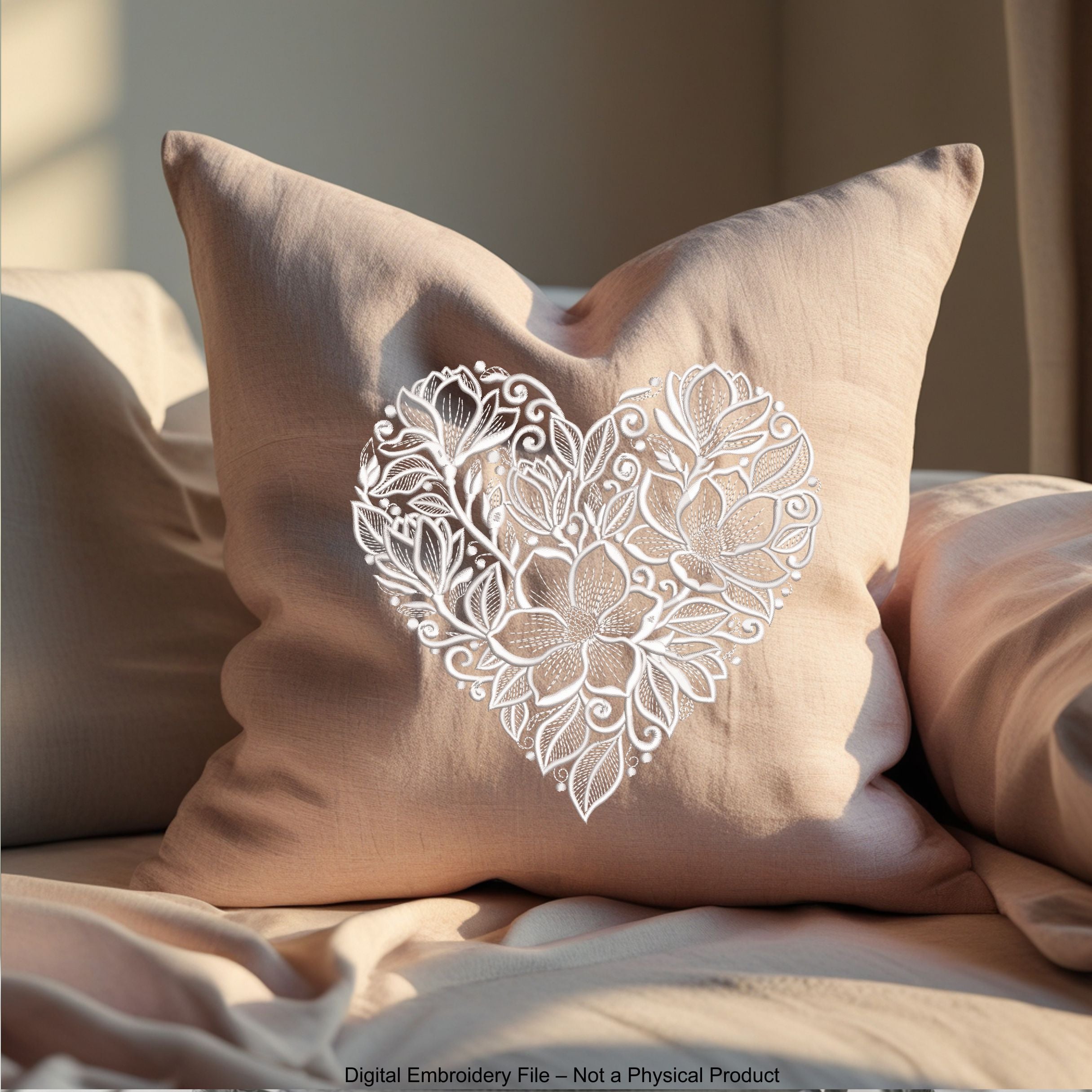 Floral heart machine embroidery design in one color with soft botanical shapes, elegant love themed embroidery pattern.