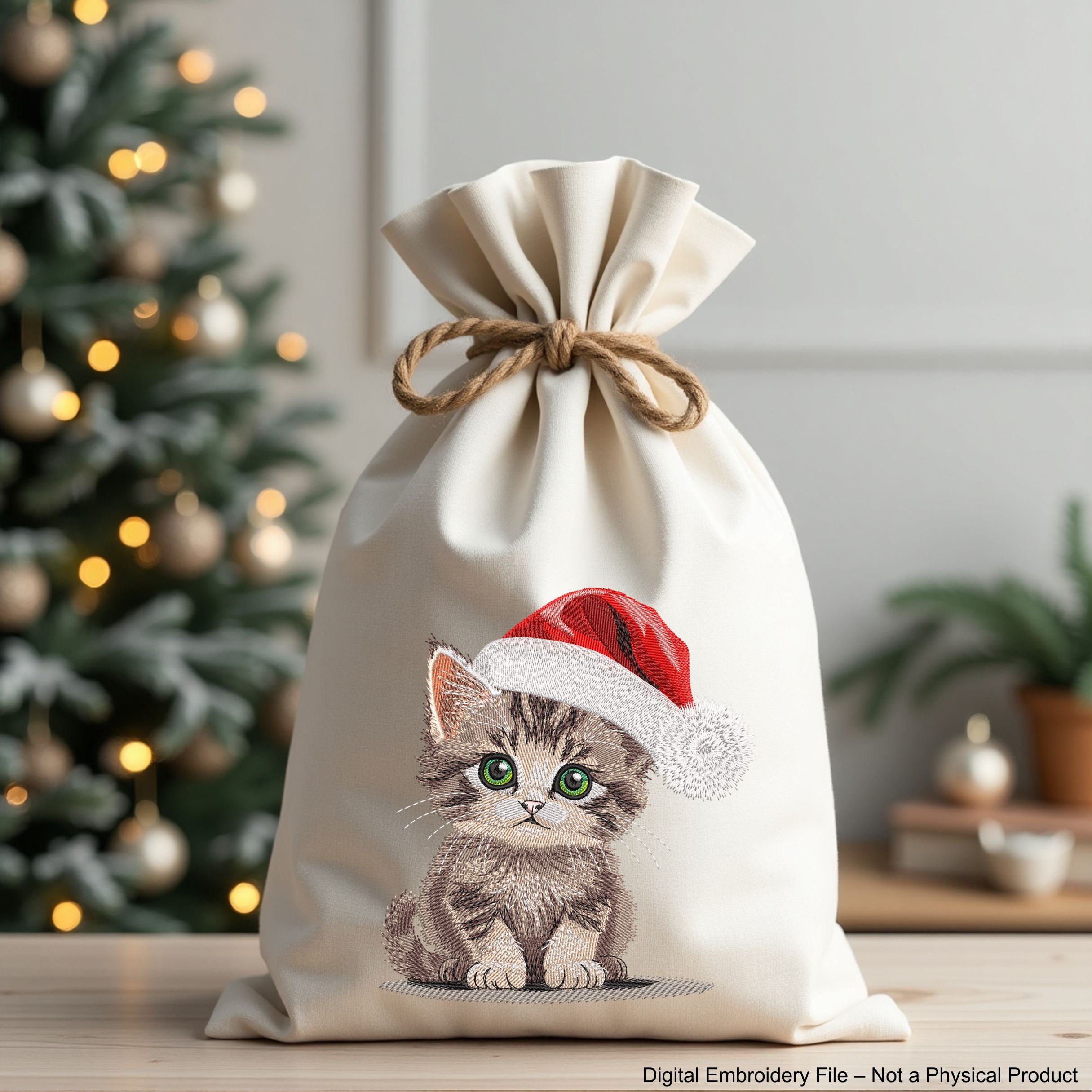 A realistic-style machine embroidery design of a cute kitten wearing a red Santa hat, perfect for Christmas-themed stitching.