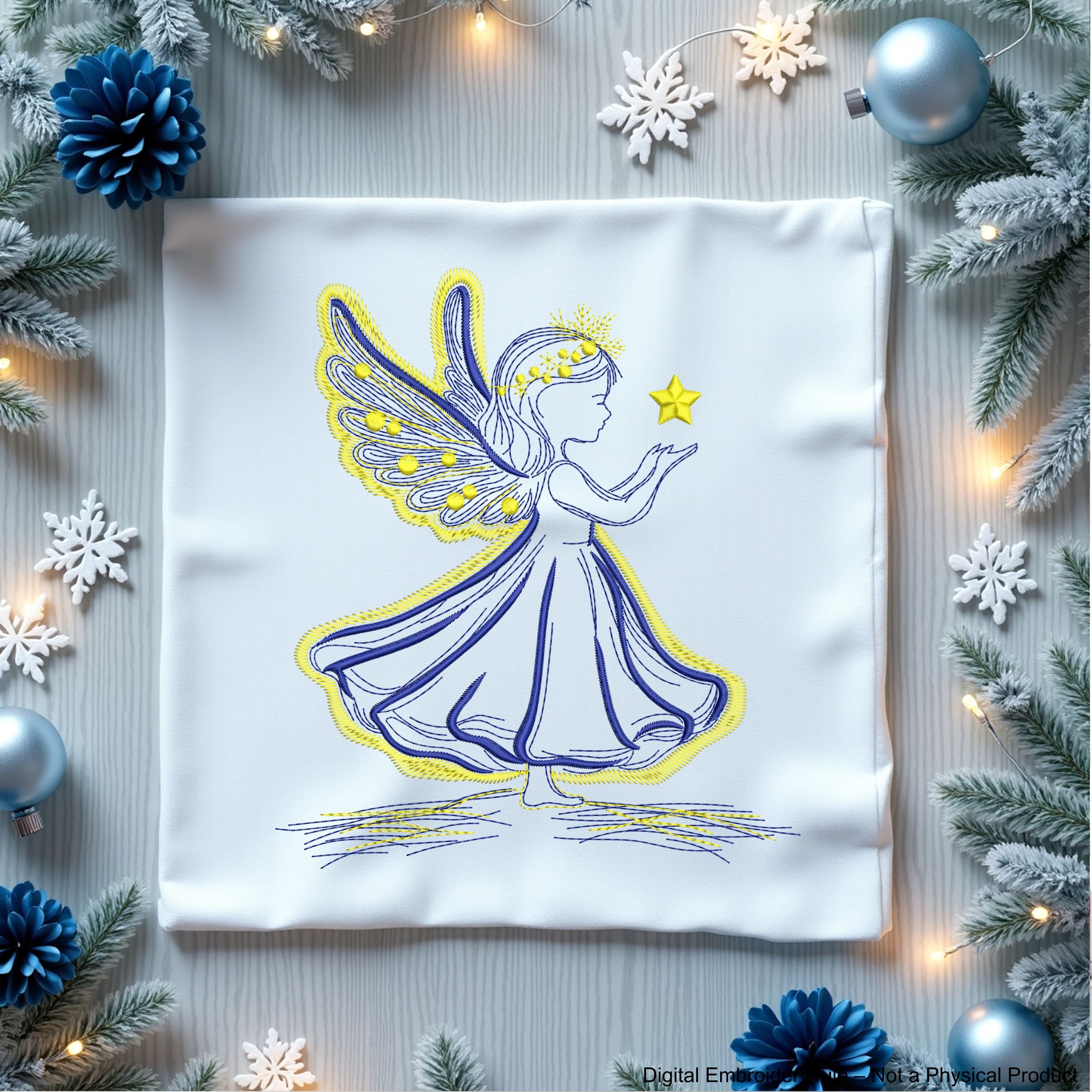 Angel girl holding a star machine embroidery design, 2-color Christmas embroidery file for kids and beginners, holiday stitch pattern