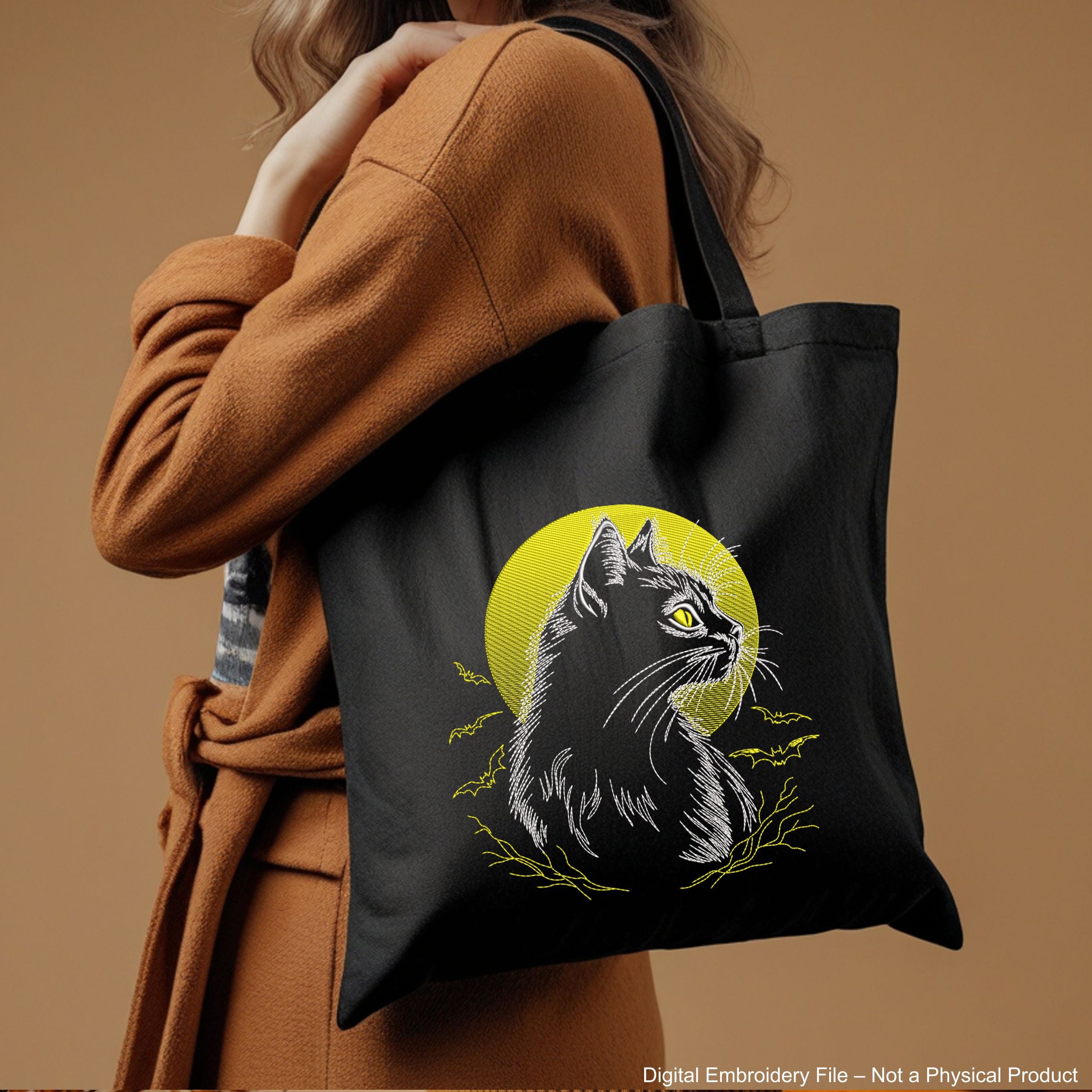 Halloween machine embroidery design with cat on the moon and flying bats – light outline, perfect for dark fabric.