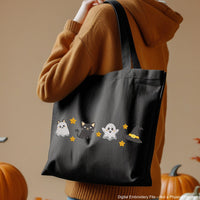 Halloween embroidery design with four cute funny ghosts and cat – perfect for spooky seasonal sewing projects.