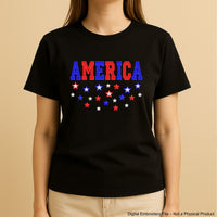 Machine embroidery design featuring the word “America” in bold red and blue letters with scattered red, white, and blue stars below, perfect for patriotic projects.