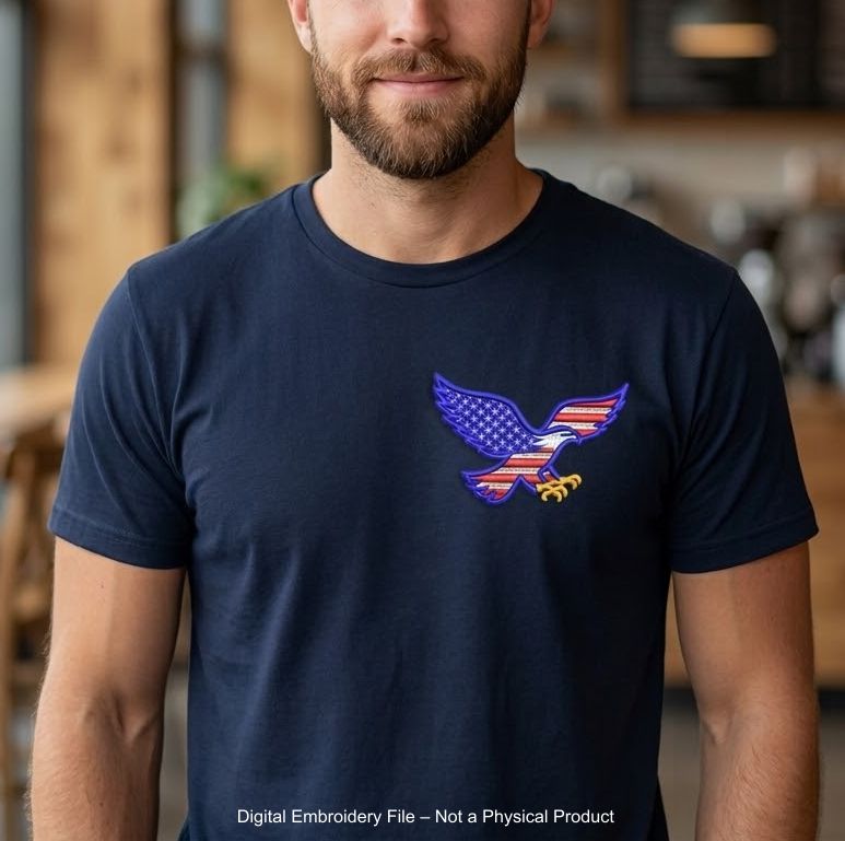 Machine embroidery design of a bald eagle in USA flag colors, perfect for patriotic patches and decor.