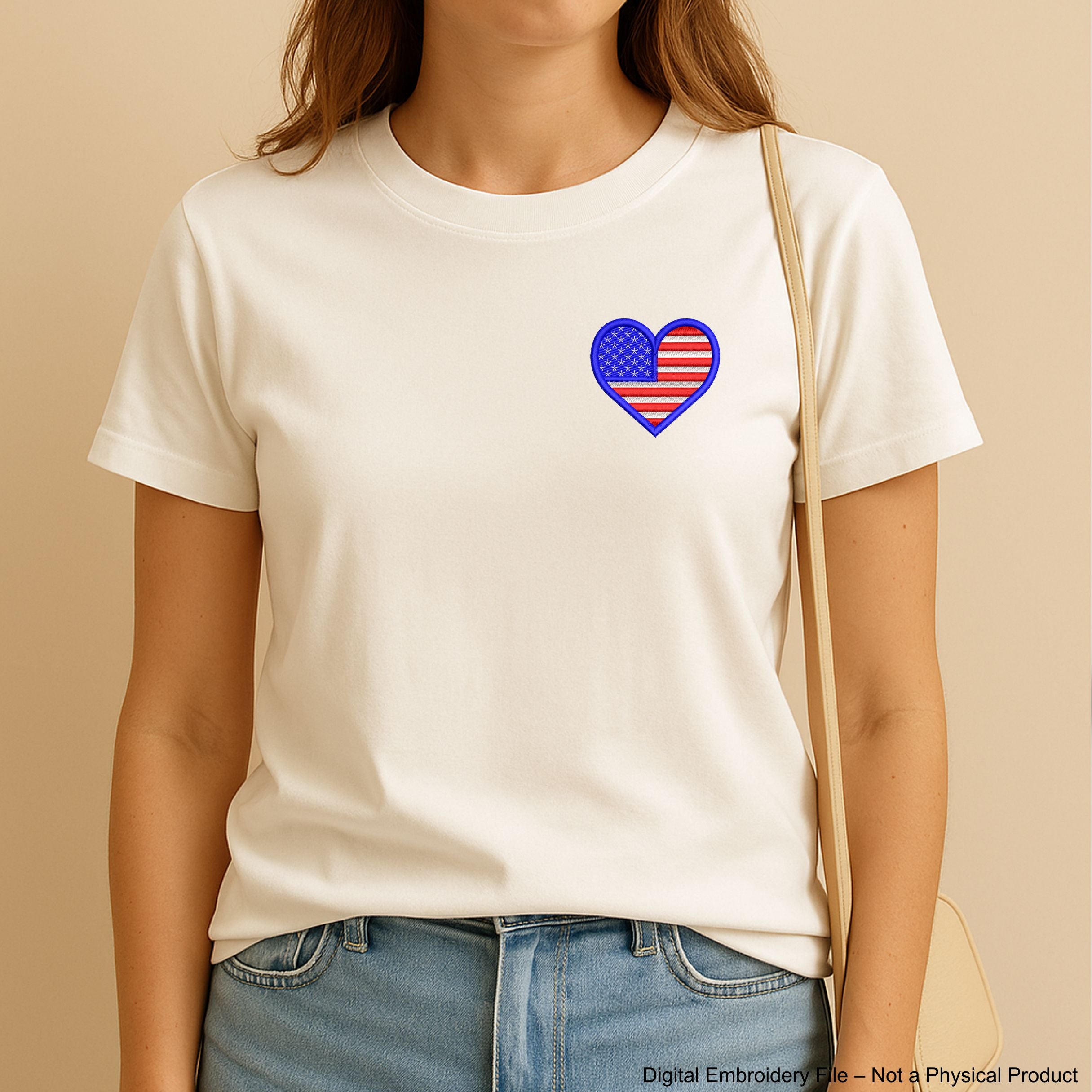 Machine embroidery design of the USA flag in the shape of a heart, perfect for patriotic projects.