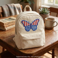 Patriotic butterfly machine embroidery designs in red white and blue with stars stripes and 250 celebration theme.