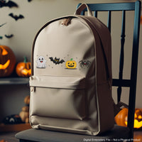 Halloween embroidery design with ghost, bat, pumpkin, and spider in a cute spooky style – perfect for seasonal projects.