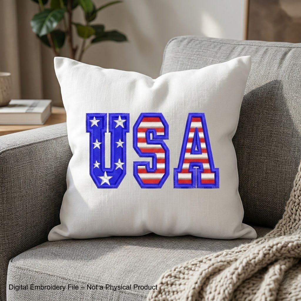Patriotic machine embroidery design set with eagle and USA lettering in red white and blue colors