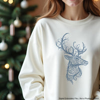 Deer head side view embroidery design with swirls – digital one-color embroidery file for Christmas and winter decor.