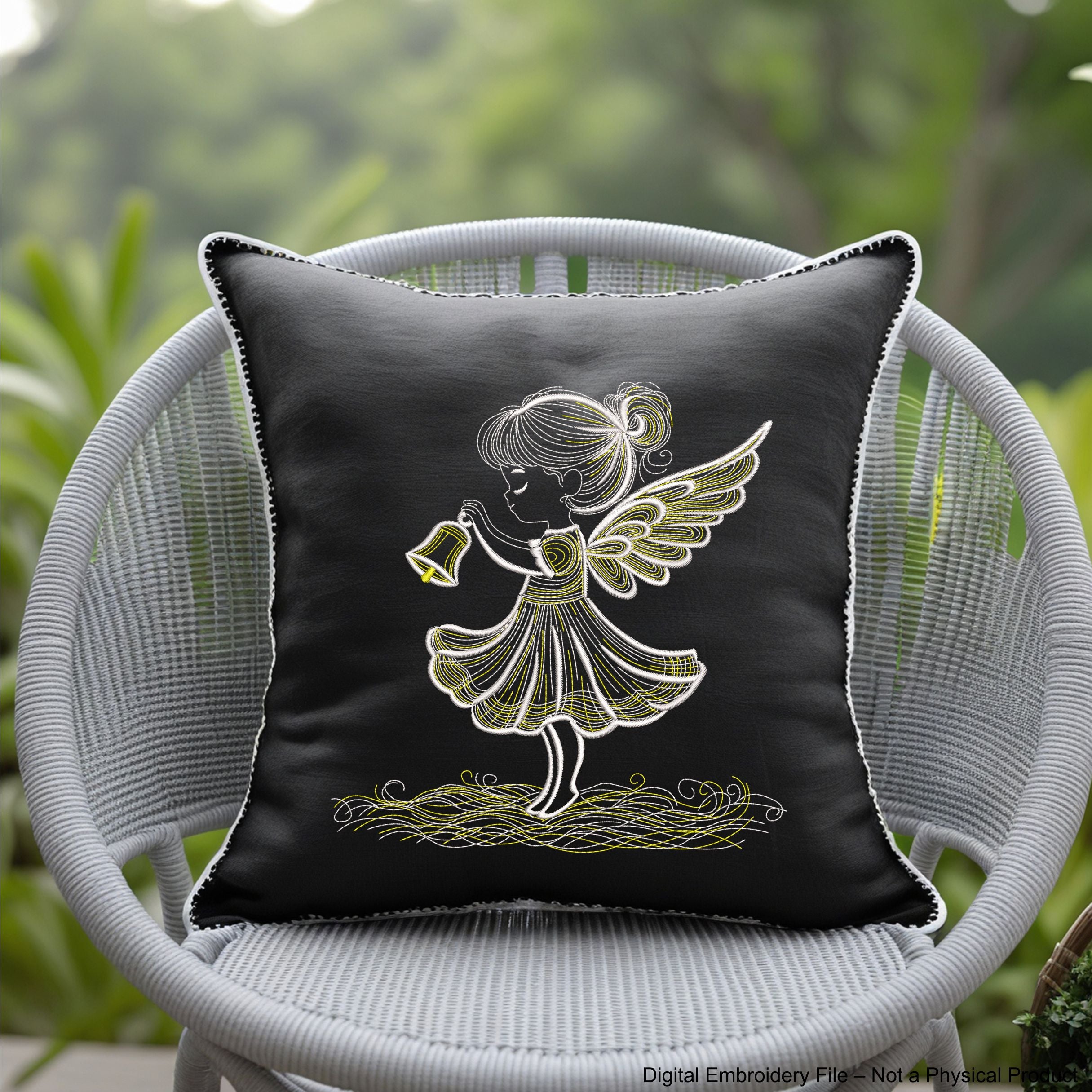 Angel girl holding bell machine embroidery design, 2-color Christmas embroidery file for kids, holiday angel pattern
