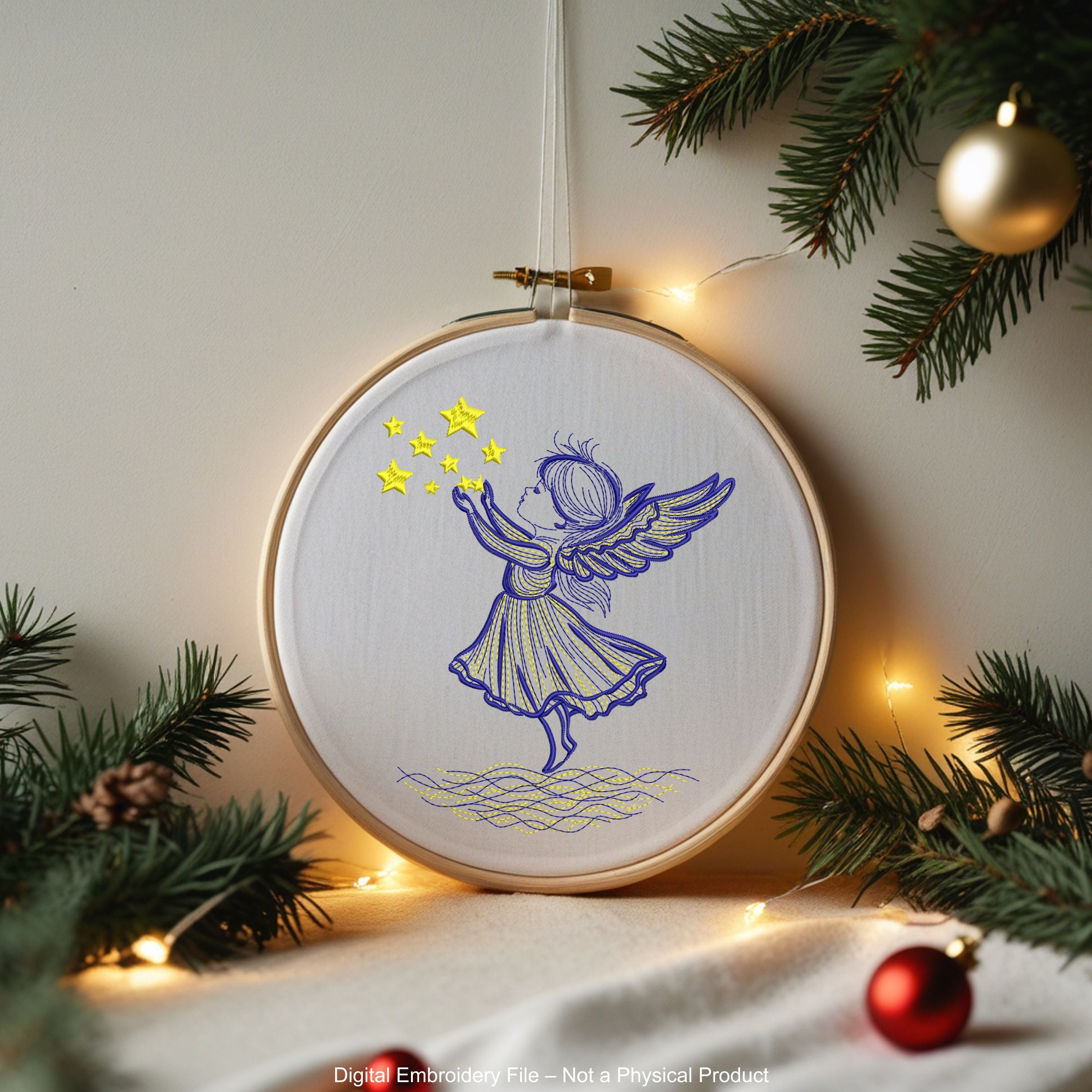 Angel girl reaching for stars machine embroidery design, 2-color Christmas embroidery file for kids and beginners