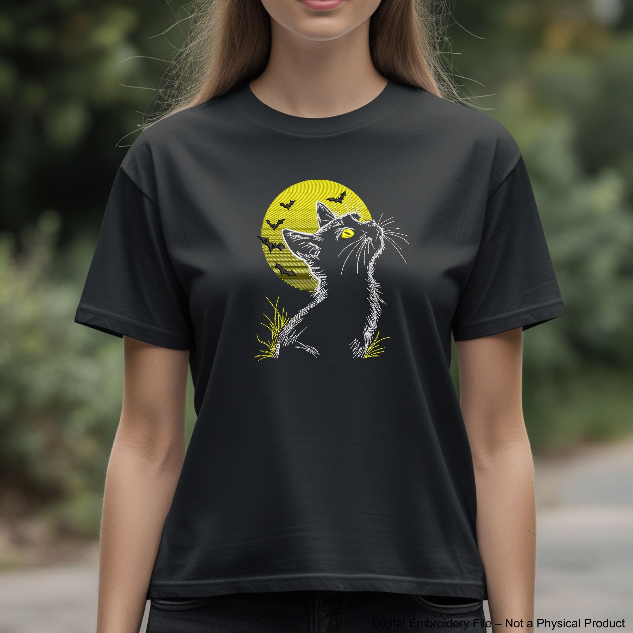 Spooky Halloween embroidery design with cat silhouette, moon, and bats – perfect for stitching on dark fabric.