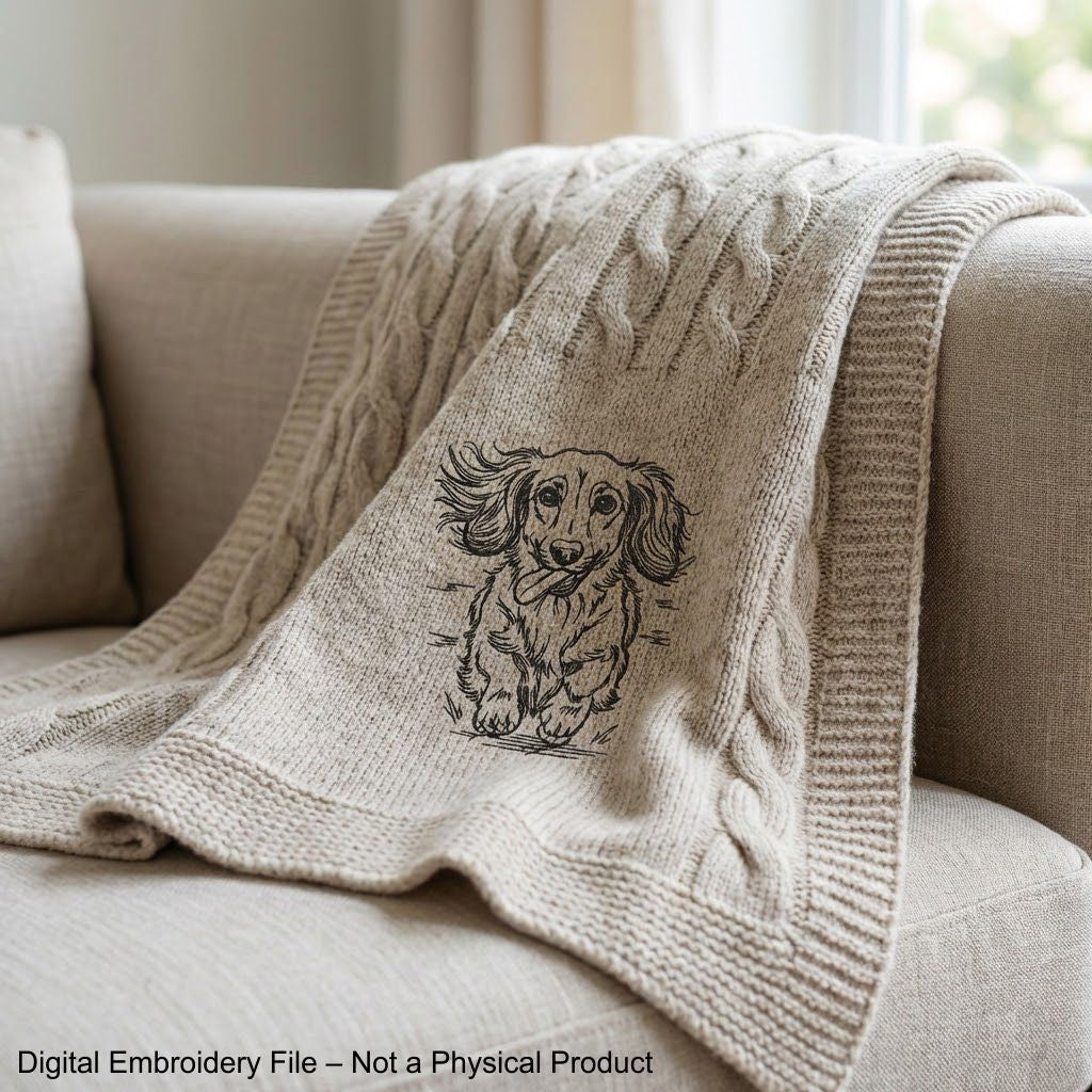 Long haired dachshund running front view line art embroidery file.