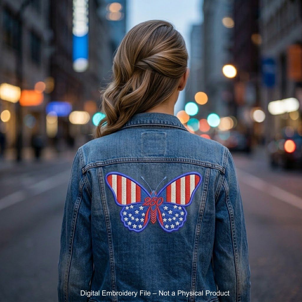 Patriotic butterfly machine embroidery designs in red white and blue with stars stripes and 250 celebration theme.