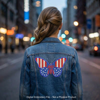 Patriotic butterfly machine embroidery designs in red white and blue with stars stripes and 250 celebration theme.