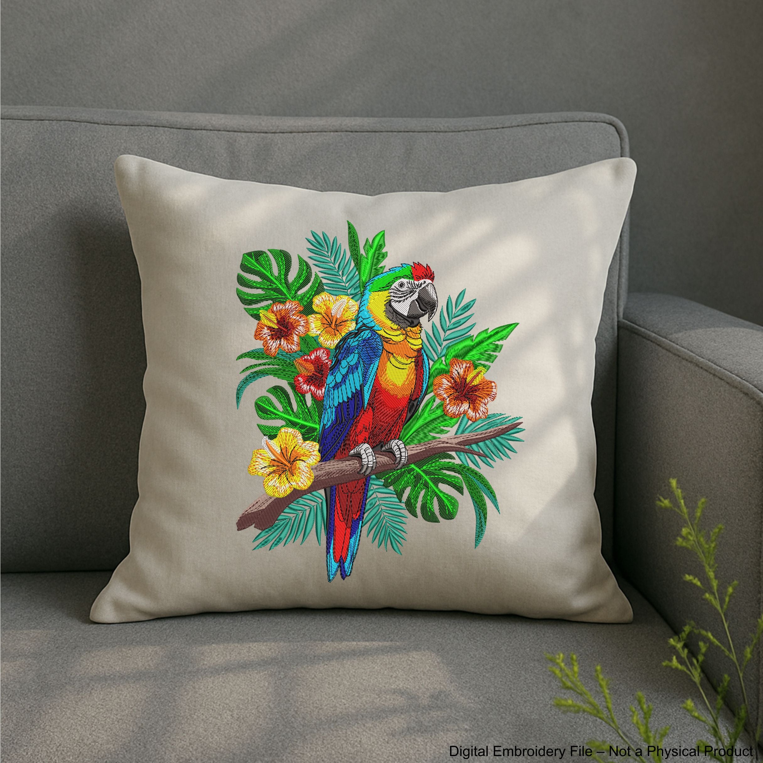 Colorful macaw parrot machine embroidery design with tropical flowers and leaves, digital file for embroidery machines.
