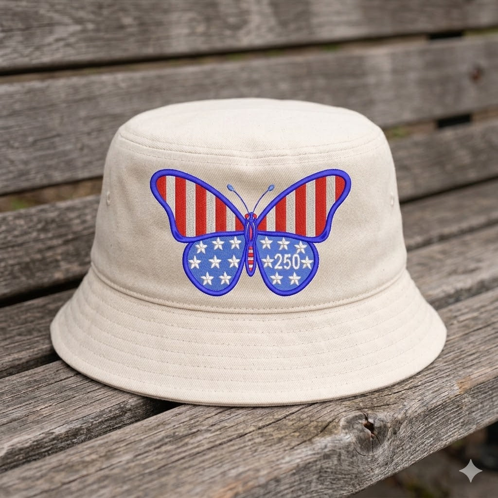 Machine embroidery butterfly design with stars and number 250 placed on the wing in patriotic colors.