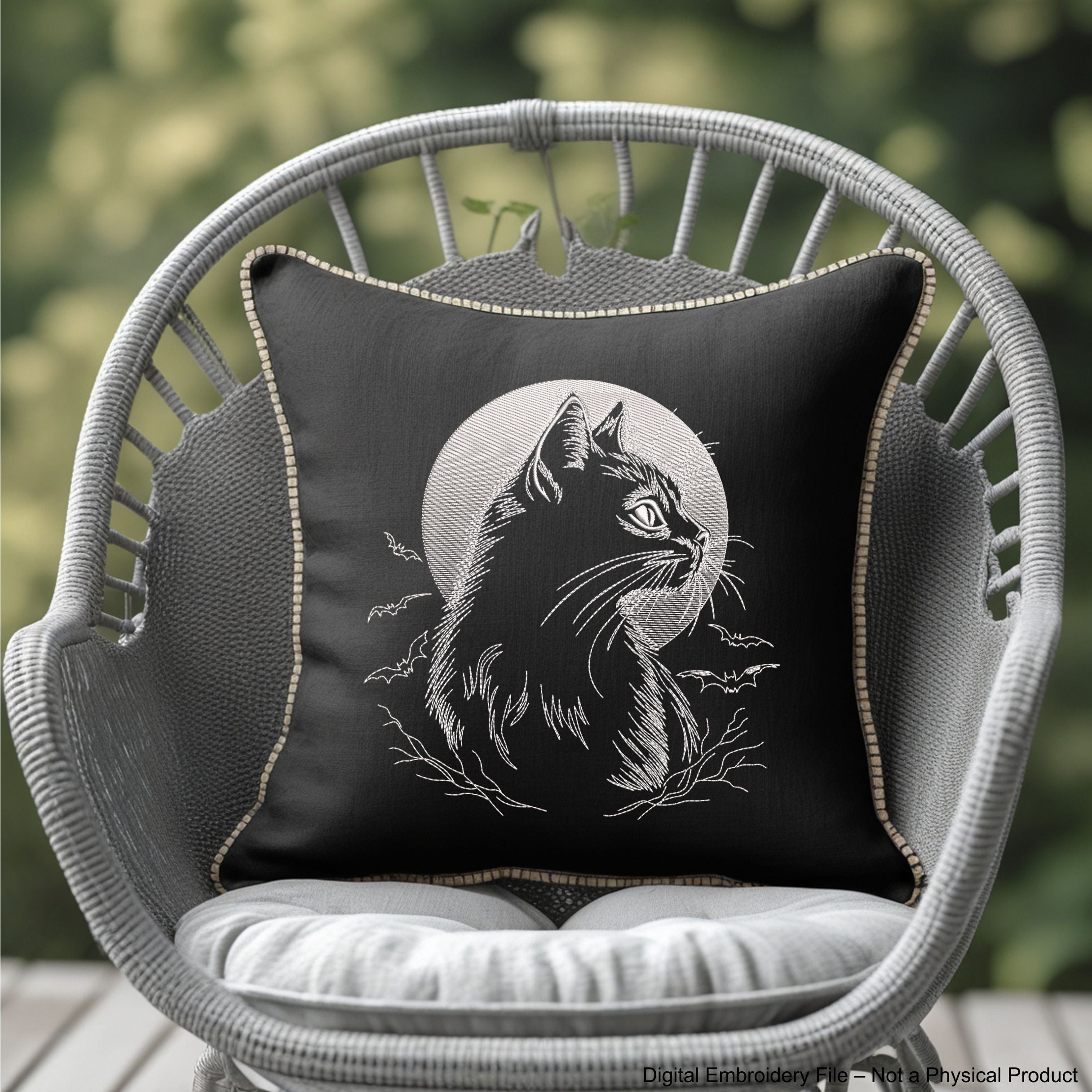 Halloween machine embroidery design with cat on the moon and flying bats – light outline, perfect for dark fabric.