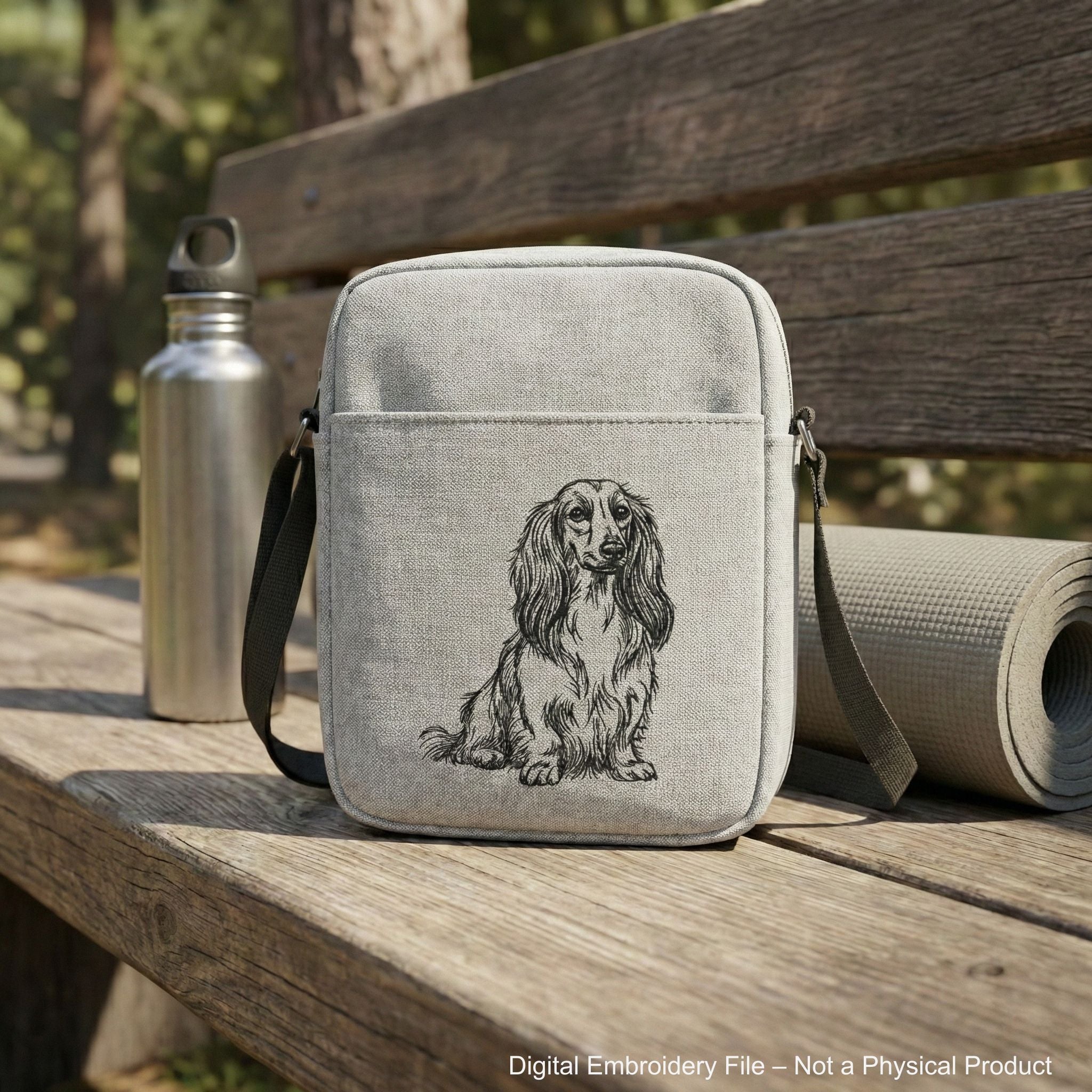 Long haired dachshund sitting upright single color embroidery design.