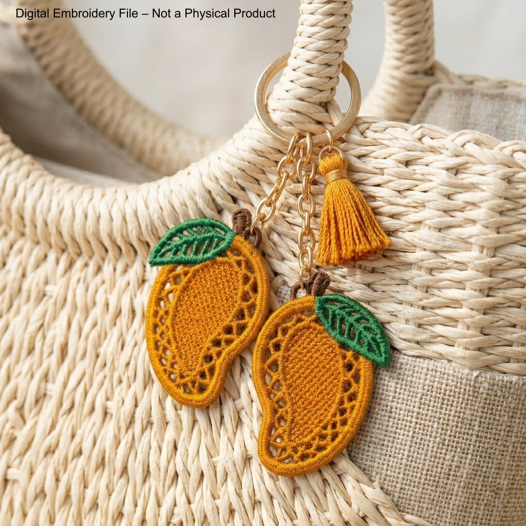 FSL mango embroidery designs in two sizes with mirrored pairs — golden lace body with green leaf — shown as design preview and finished stitched result, Free Standing Lace machine embroidery pattern for earrings and charms.
