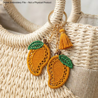 FSL mango embroidery designs in two sizes with mirrored pairs — golden lace body with green leaf — shown as design preview and finished stitched result, Free Standing Lace machine embroidery pattern for earrings and charms.