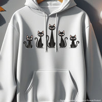 Five black cats sitting in a row Halloween machine embroidery design for T-shirts, bags, and pillows.