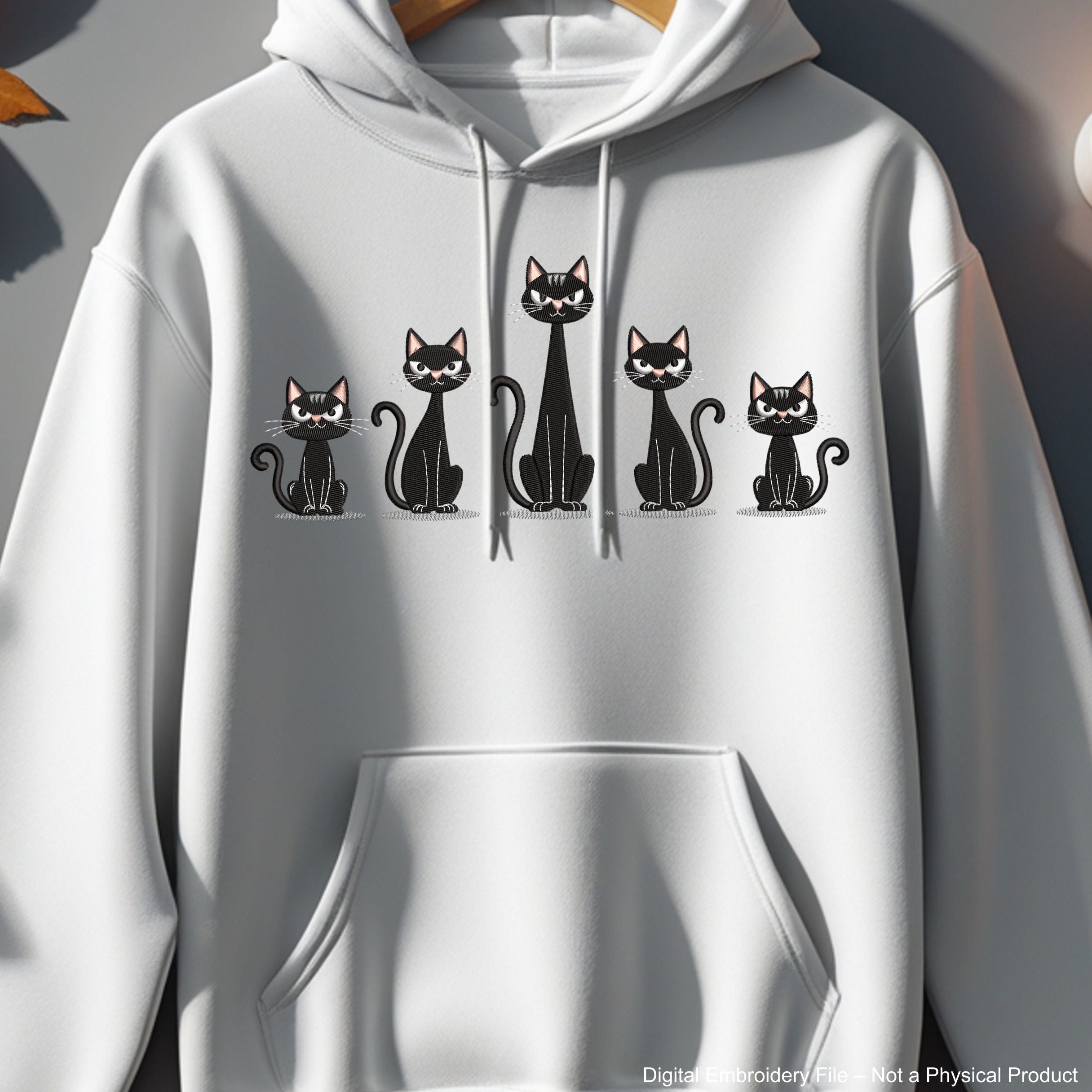 Five black cats sitting in a row Halloween machine embroidery design for T-shirts, bags, and pillows.