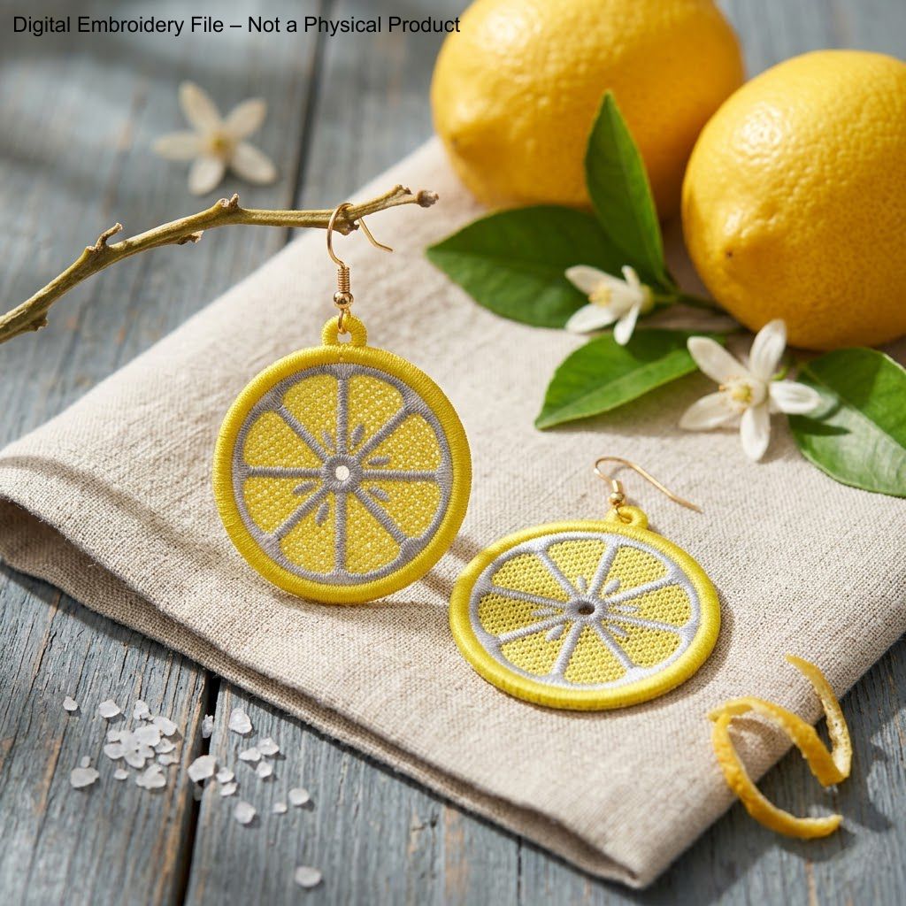 Three pairs of FSL lemon embroidery earrings — half-slice, whole lemon with green leaves, and round citrus slice — displayed on cream fabric, Free Standing Lace machine embroidery design.