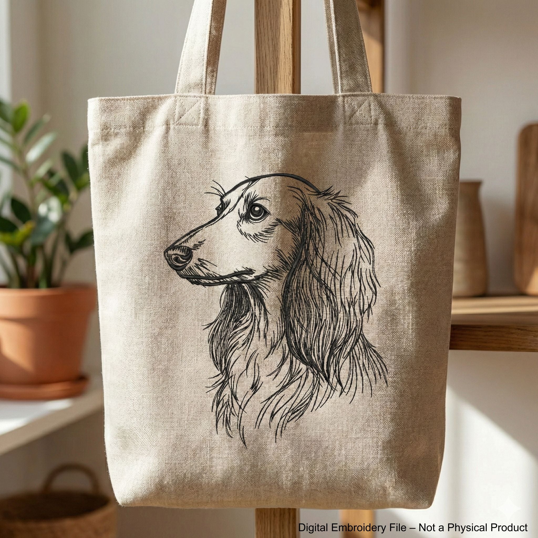 Long haired dachshund side profile portrait line art embroidery pattern.