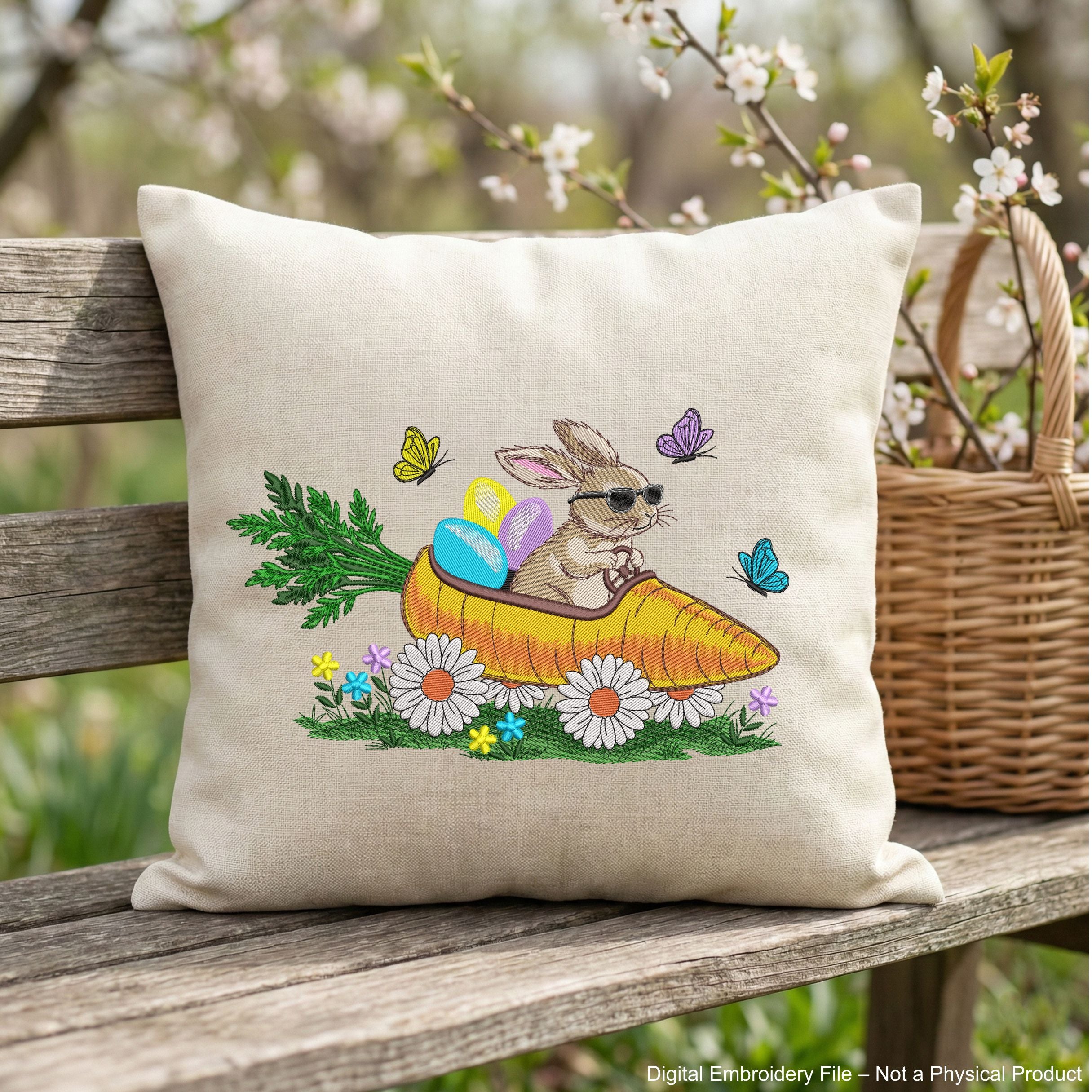 Funny Easter bunny embroidery design with spring theme, rabbit riding carrot with eggs and flowers, colorful machine embroidery file.