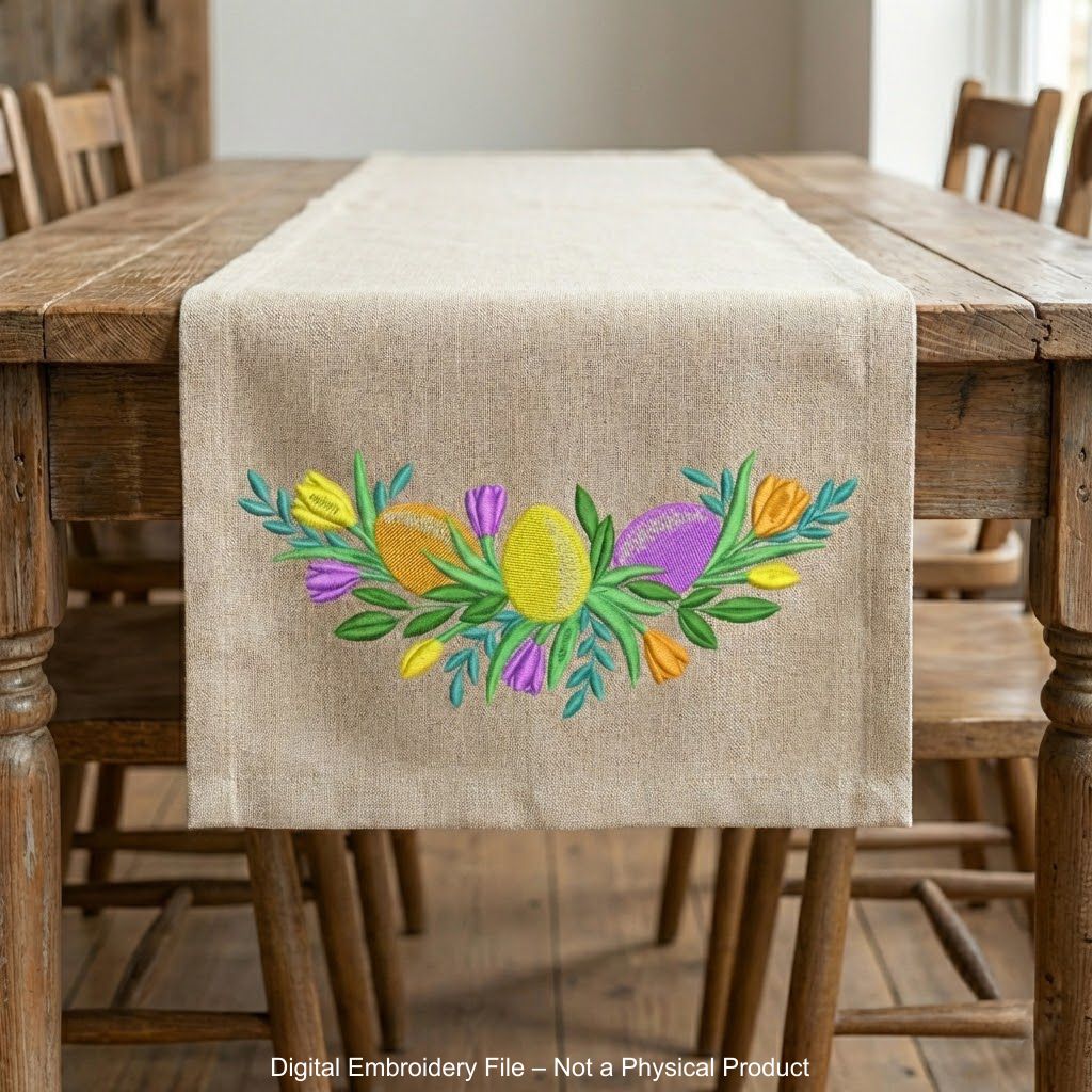 Floral Easter egg machine embroidery design file for kitchen towel borders and seasonal home decor