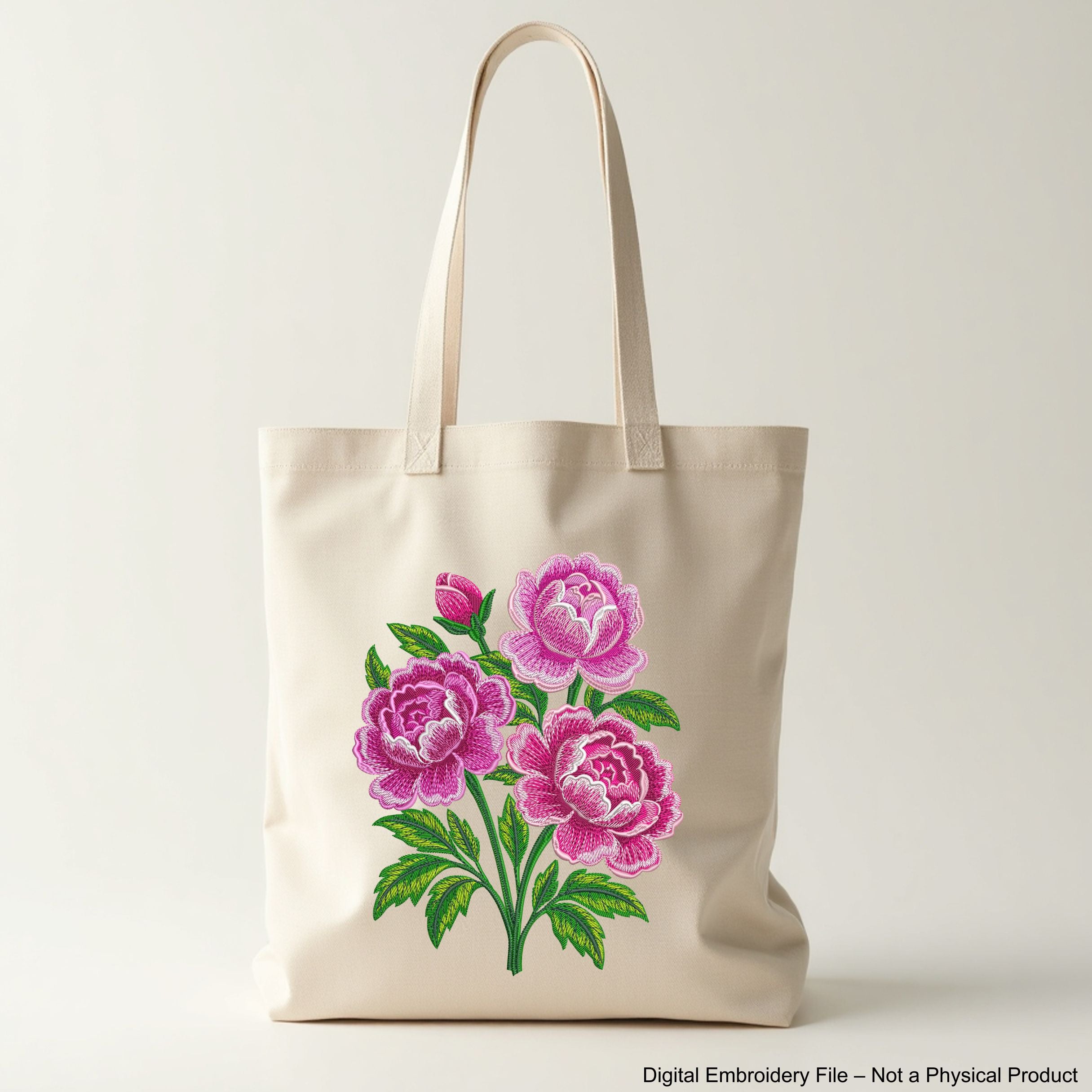 Beautiful machine embroidery design featuring a detailed bouquet of peony flowers in full bloom, perfect for decorative stitching.