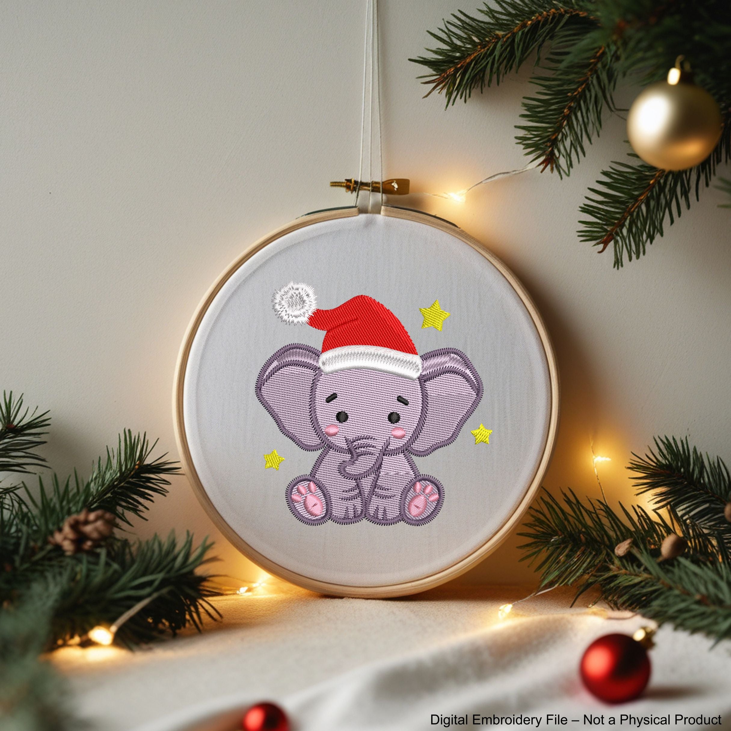 Mini Christmas Elephant Machine Embroidery Designs in Santa Hat — perfect for kids, fits 4x4 hoop.