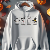 Halloween embroidery design with four cute funny ghosts – perfect for spooky seasonal sewing projects.