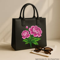 Machine embroidery design of blooming pink peonies with green leaves and a flower bud. Detailed satin and tatami stitches for elegant floral projects.