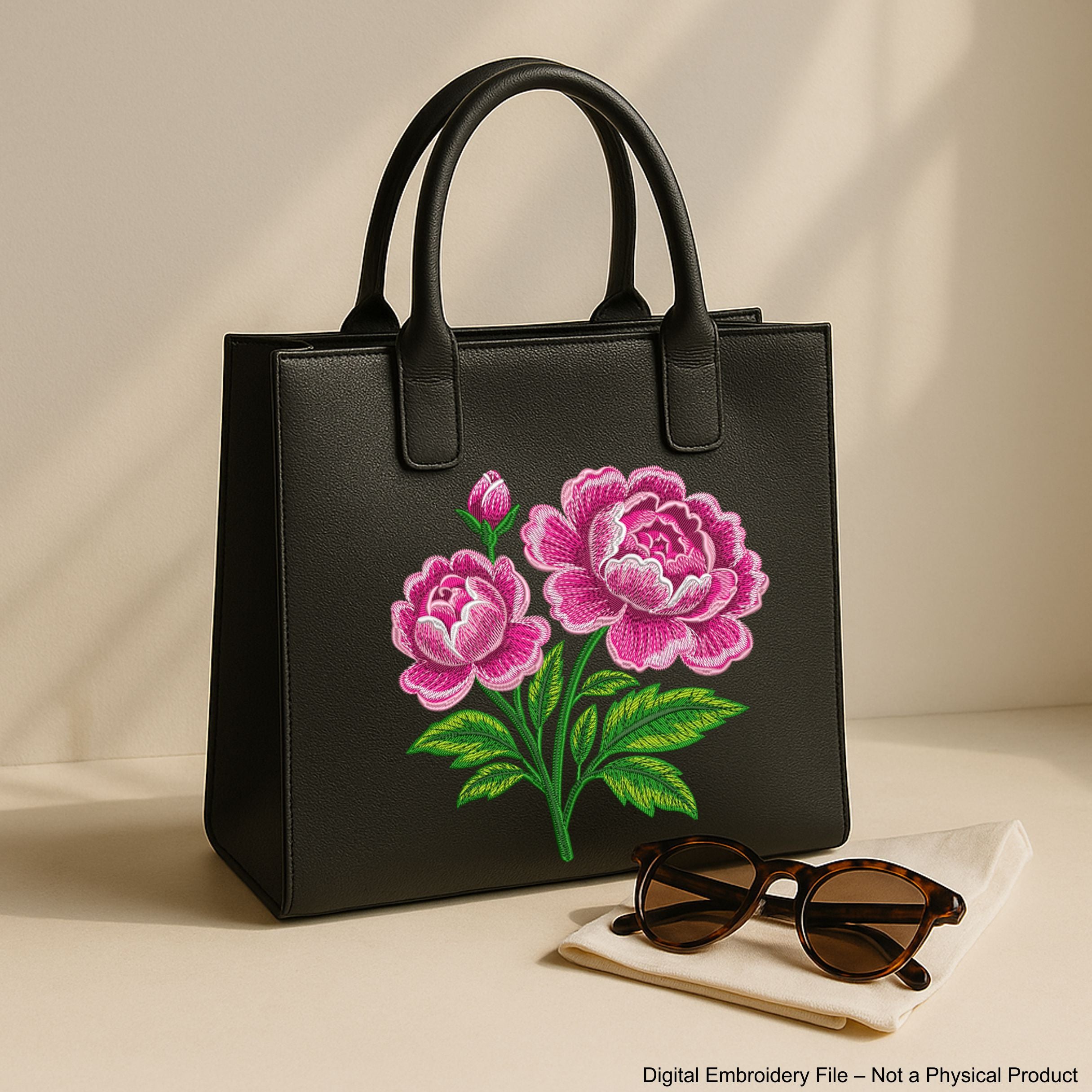 Machine embroidery design of blooming pink peonies with green leaves and a flower bud. Detailed satin and tatami stitches for elegant floral projects.