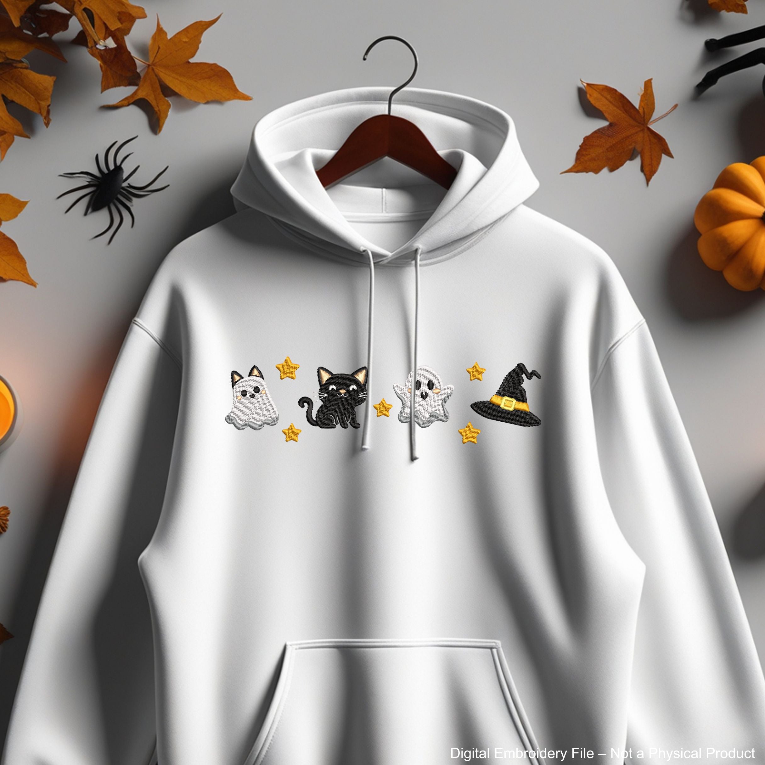 Halloween embroidery design with four cute funny ghosts and cat – perfect for spooky seasonal sewing projects.