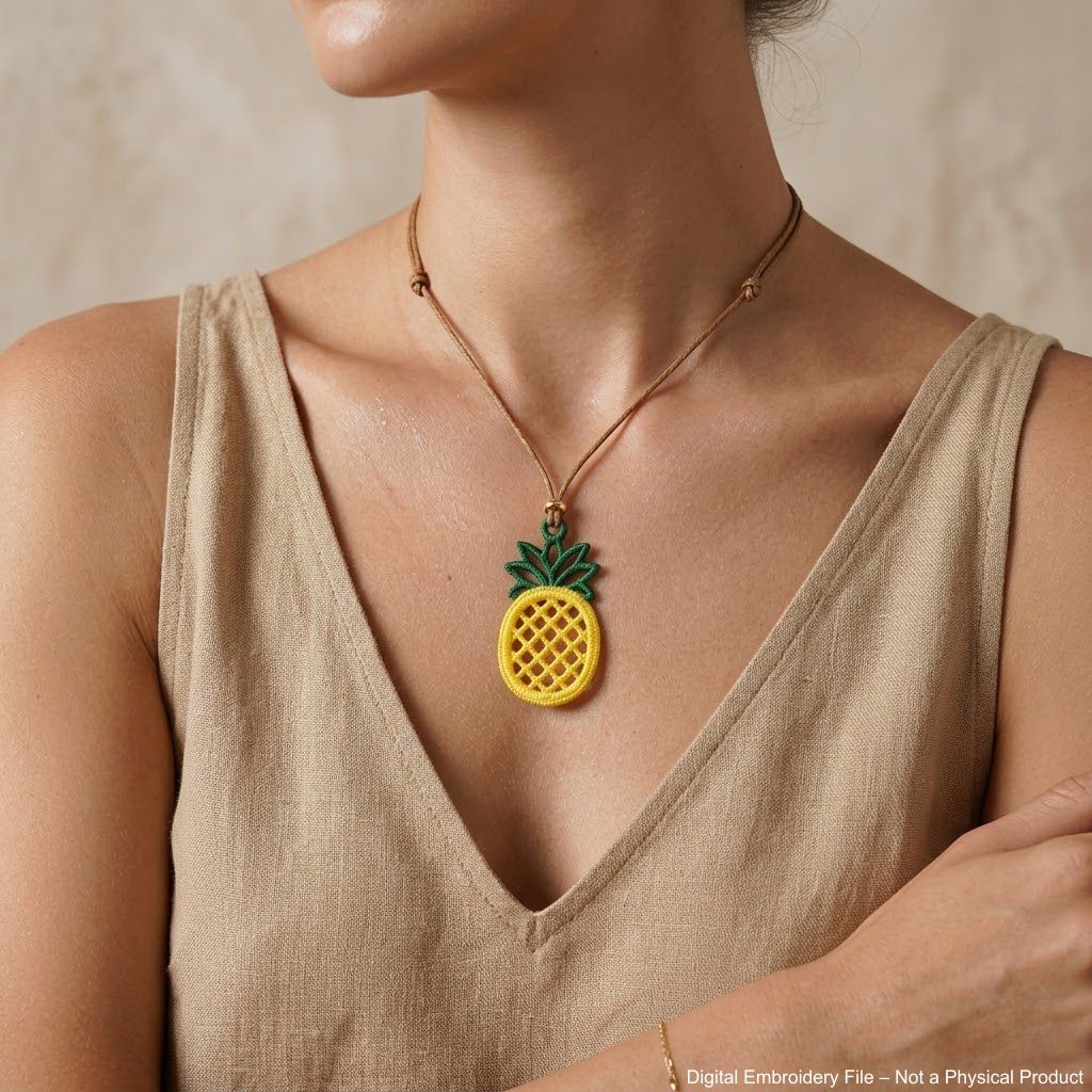 FSL pineapple embroidery design previews — yellow lace body with green crown and hanging loop — Free Standing Lace machine embroidery pattern for earrings and pendants.