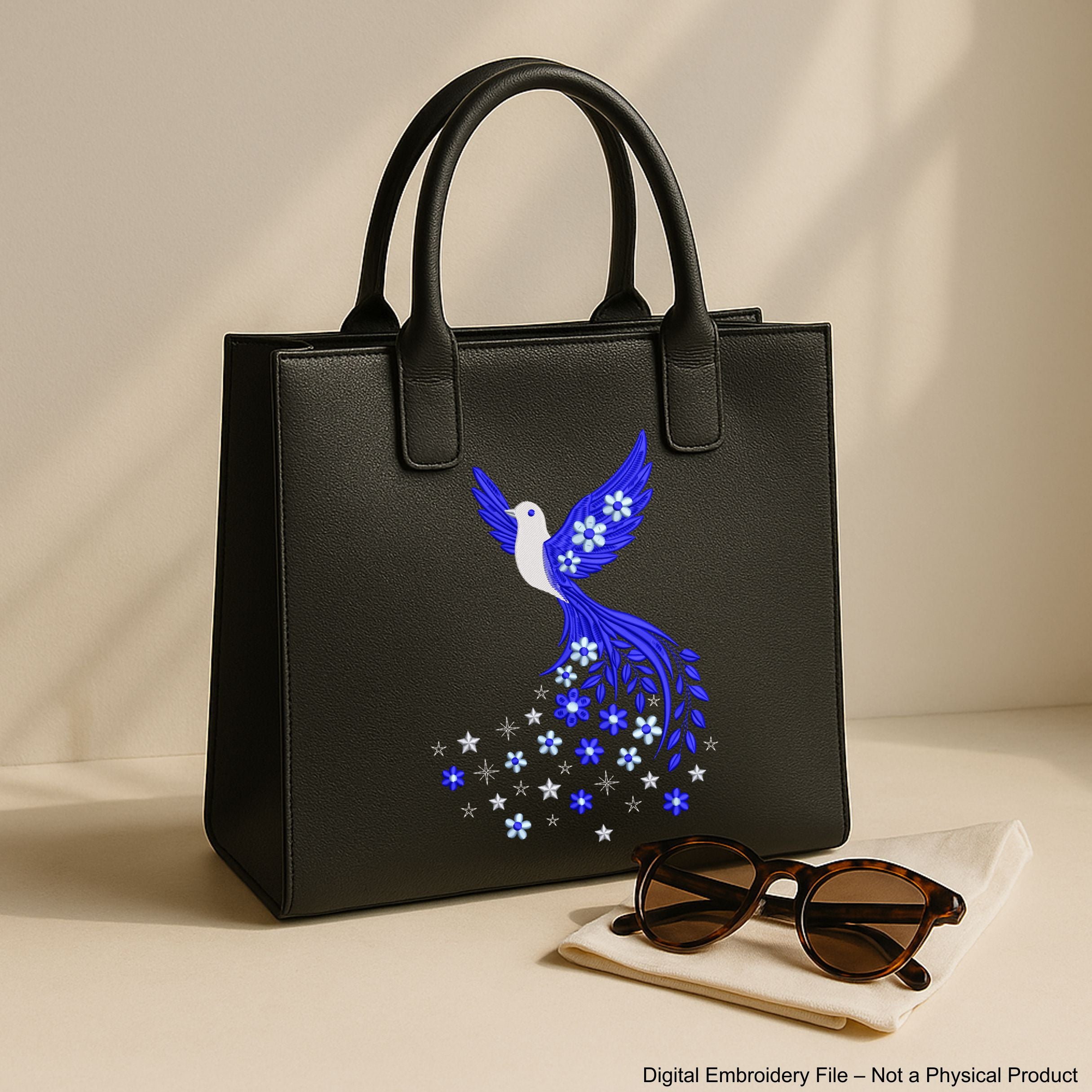 Machine embroidery design of a flying dove with flowers and stars trailing from its tail.