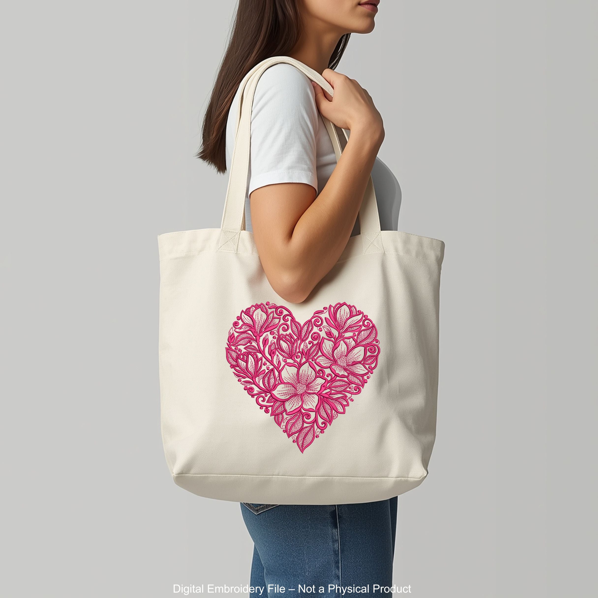 Floral heart machine embroidery design in one color with soft botanical shapes, elegant love themed embroidery pattern.