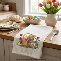 Sleeping Easter bunny machine embroidery design with basket of eggs and spring flowers